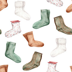 Knitted socks seamless watercolor pattern. Cute cozy hand drawn illustration. Autumn print for textiles, packaging.