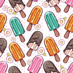 Seamless pattern of delicious Ice cream sticks in various flavors. It's a cute and bright pattern. Pattern for fabric and wrapping paper, Pattern for design wallpaper and fashion prints.