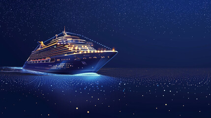 Night illustrative view to large illuminated white boat located over horizon, colorful lights coming from yacht reflect on the sea