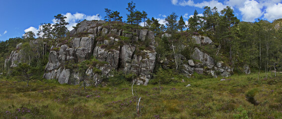 Rock formation at the hiking track to Preikestolen in Norway, Europe
