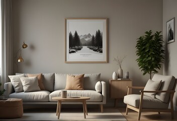 A living room scene with a couch, coffee table, and framed poster on the wall.