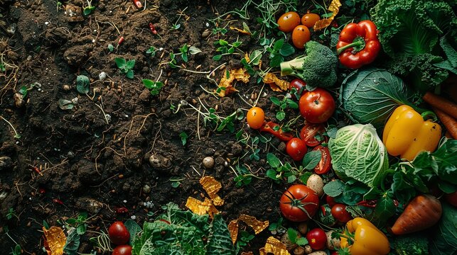 A bigger version of an organic garden compost in-depth, depicting the earth's ecosystem derived from naturally present vegetable and fruit peel waste and space, Generative AI.