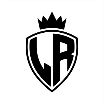 recommend clip art: LR Letter monogram shield and crown outline shape with black and white color design