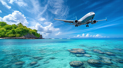 Fototapeta premium Concept of airplane travel to exotic destination with shadow of commercial airplane flying above beautiful tropical beach. Beach holidays and travel.