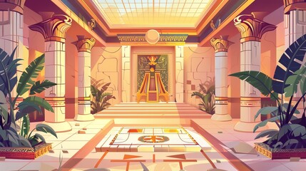 Egyptian pyramid interior with hieroglyphs and murals on stone walls and white columns with ornament, background for game design.