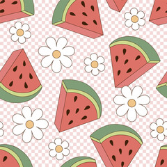Retro groovy juicy ripe watermelon slice with daisy flowers on checkerboard vector seamless pattern. Hand drawn natural organic healthy food vegetables fruit floral background. - 781347568