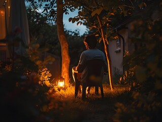 Naklejka premium A person sitting on a chair outside in the light of a lantern