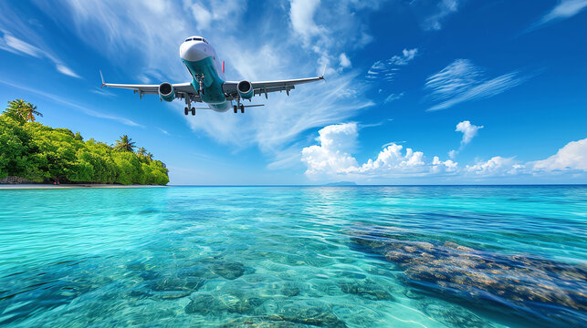 Concept of airplane travel to exotic destination with shadow of commercial airplane flying above beautiful tropical beach. Beach holidays and travel.