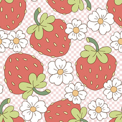 Retro groovy garden berry strawberry with daisy flowers on checkerboard vector seamless pattern. Hand drawn natural organic healthy food vegetables fruit floral background. - 781347738