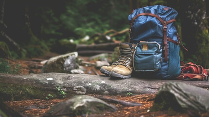 Backpack and hiking boots in autumn mountain or forest. Camping elements/ equipment for mountain travel time.