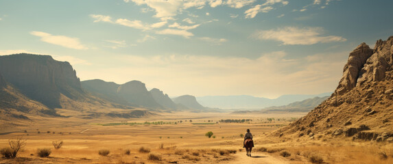 Generative ai illustration of a cowboy on horse in empty landscape - obrazy, fototapety, plakaty