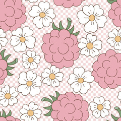 Retro groovy garden berry raspberry with daisy flowers on checkerboard vector seamless pattern. Hand drawn natural organic healthy food vegetables fruit floral background.