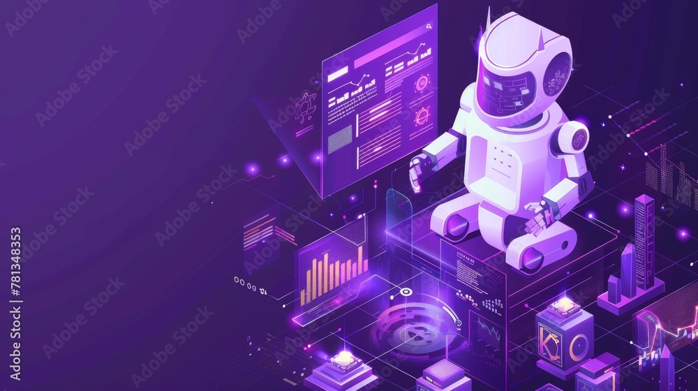 Poster artificial intelligence robots analyze data and diagrams on dashboard virtual screens, seo workflow 