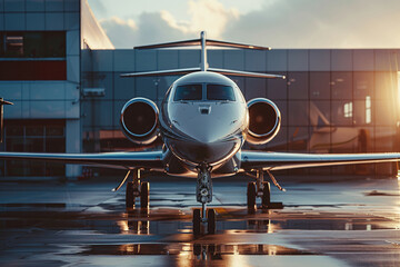 Business class travel concept, luxury private jet at sunset or sunrise.