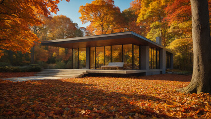 Modern house in the warm glow of the autumn sun, surrounded by bright fallen leaves. The tranquility and warmth of the fall season in the woods.