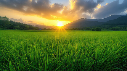 Golden Sunrise Over a Vast Paddy Rice Fields Greet the morning sun on a golden landscape