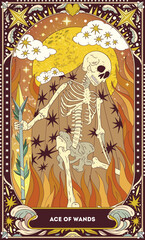 A tarot card in bohemian tones in a modern style in the form of a skeleton. Modern illustration of The Ace of Wands card, minimalistic cartoon skeleton, simple vector drawing