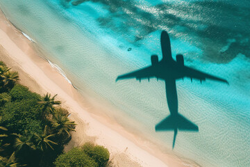Travel concept with airplane shadow and tropical beach. Tropical paradise and beach holiday conceptual image. - Powered by Adobe