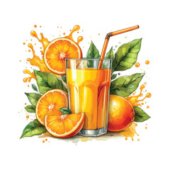 A glass of orange juice with a straw in watercolor style