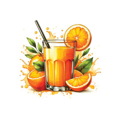 A glass of orange juice with a straw in watercolor style