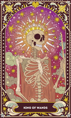 A tarot card in bohemian tones in a modern style in the form of a skeleton. Modern illustration of King of Wands card, minimalistic cartoon skeleton, simple vector drawing
