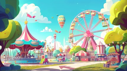 Fototapeta na wymiar A carnival or festive fair cartoon illustration. Arrow pointer, carousel, merry-go-round, ferris wheel and roller coaster, ice cream cart children, summer city scene.