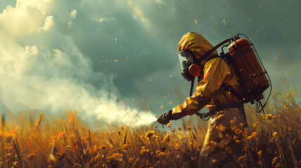 Person in protective suit and gas mask with backpack in a field of tall grass. Digital painting. Post-apocalyptic survival concept for game art, poster - obrazy, fototapety, plakaty