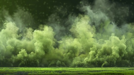 The green fog or smog spreads on the ground. The air is filled with smoke or poisonous gases. A modern realistic rendering of chemical toxic vapour soaring in the air, isolated on a transparent - obrazy, fototapety, plakaty