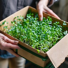 An person take a microgreens out of cardboard box