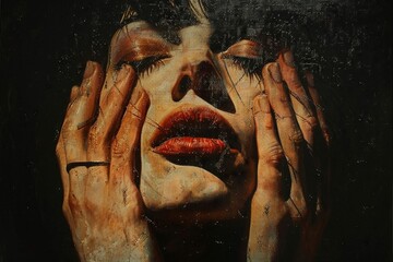 Allseeing fingertips in human portrait, atmospheric tension, surreal, shadowed light