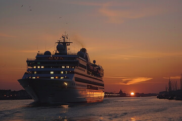 Obraz premium Luxury cruise ship sailing to port on sunset