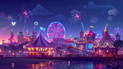 Carnival funfair, amusement park with carousel, roller coaster, and ferris wheel in night sky. Modern cartoon illustration.