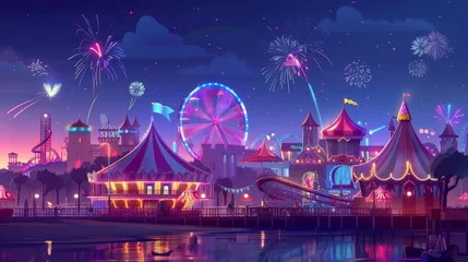 Deurstickers Carnival funfair, amusement park with carousel, roller coaster, and ferris wheel in night sky. Modern cartoon illustration. © Mark
