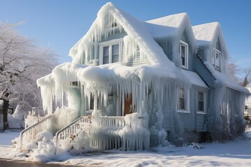 Frozen wooden house in winter covered by icicles at daytime