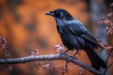 Obraz premium Beautiful black raven on a branch in the park. Nature concept. Birds