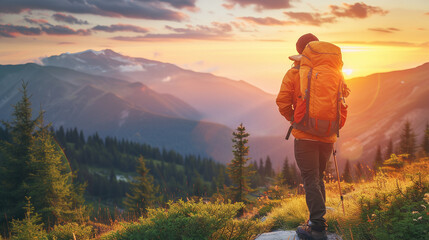 Fototapeta premium Man hiker with backpack on top of the mountain back, looking at the snow slope. Concept motivation and goal achievement