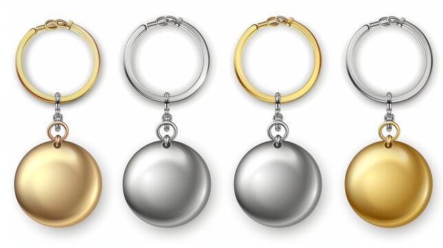 Mockup of round keychains made of gold, chrome, silver, or steel colored materials. Modern illustration with icons and clipart.