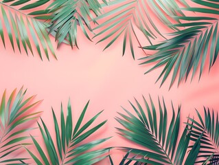 Fototapeta na wymiar Tropical palm leaves from above pastel color Backdrop