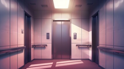 Three-dimensional modern illustration of a realistic elevator interior with closed doors. A lift interior has chrome metal buttons with a digital panel, and can be used in an office, hotel, or