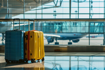 Stylish suitcases standing in empty airport hall, unrecognizable traveller's luggage waiting in...