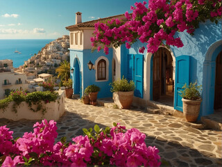 Vibrant Mediterranean House with Pink Flowers and Stone Walkway