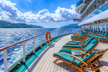 Luxury Cruise Ship Deck with Lounge Chairs and Ocean Horizon. Vacation travel concept.