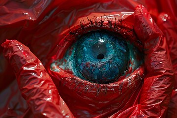 Eyeballtipped plastic hand, cherry red, Editorial portrait, saturated color, detailed texture - obrazy, fototapety, plakaty