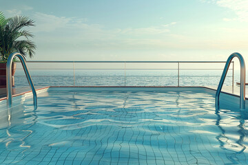 Relaxing and quiet adult swimming pool area at cruise ship. Realistic closeup pool photo