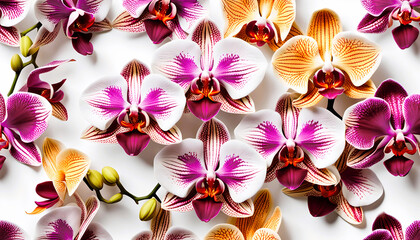 gleichmäßiges Muster aus hellen Blumen Blüten Orchideen auf weißem Hintergrund als Vorlage für Gestaltung von Geschenk Papier, Wänden, Produkten, Verpackungen zum Frühling frisch Sommer floral  - obrazy, fototapety, plakaty