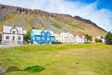 Buildings in town of Isafjordur in Iceland - obrazy, fototapety, plakaty