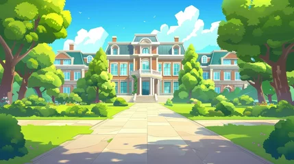 Poster A cartoon illustration of a school building, educational institution, college empty front yard with grass lawns, paving stones, city architecture, a place to study, a summer landscape illustrating a © Mark