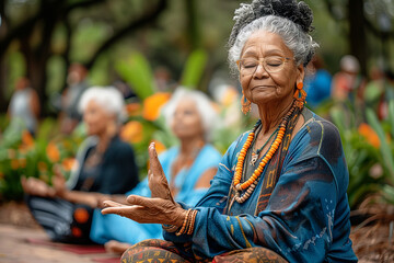 Serene and confident aged woman during a meditation yoga session with other people in the city park