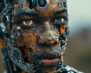 Fanhuman fusion, artistic portrait, blending mechanical with human, fashiondocumentary style
