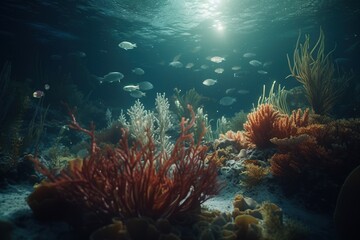 Underwater world with orange corals